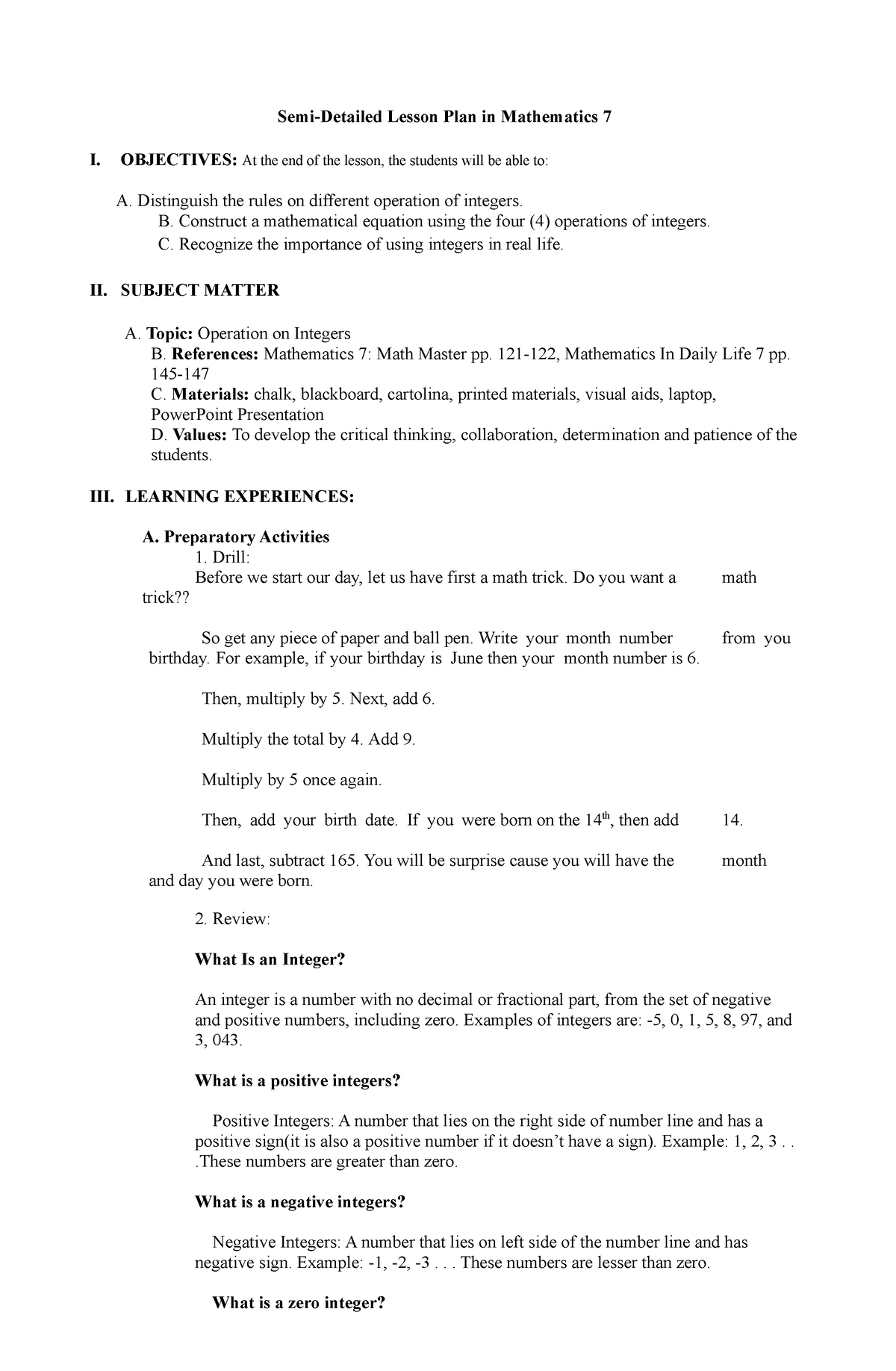 Example Of Semi Detailed Lesson Plan In Math Grade 5