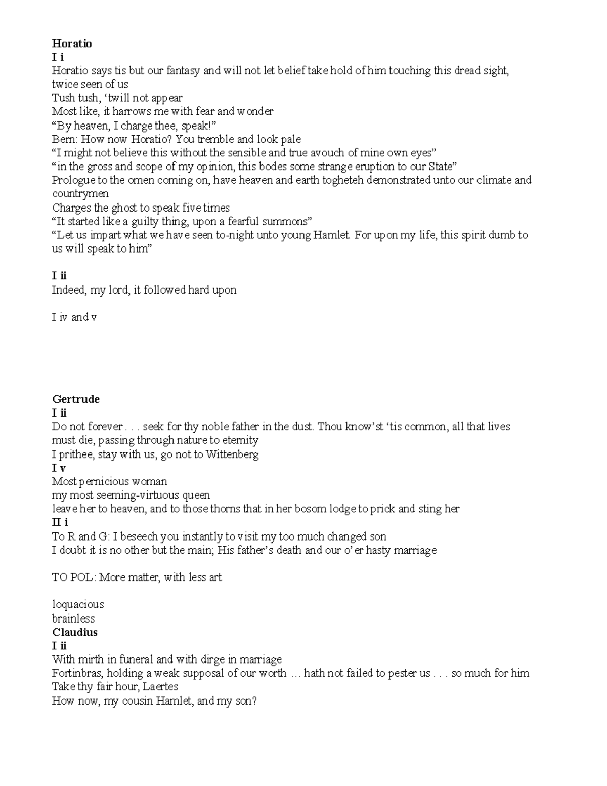 Hamlet Character Quotations Horatio I i Horatio says tis but our