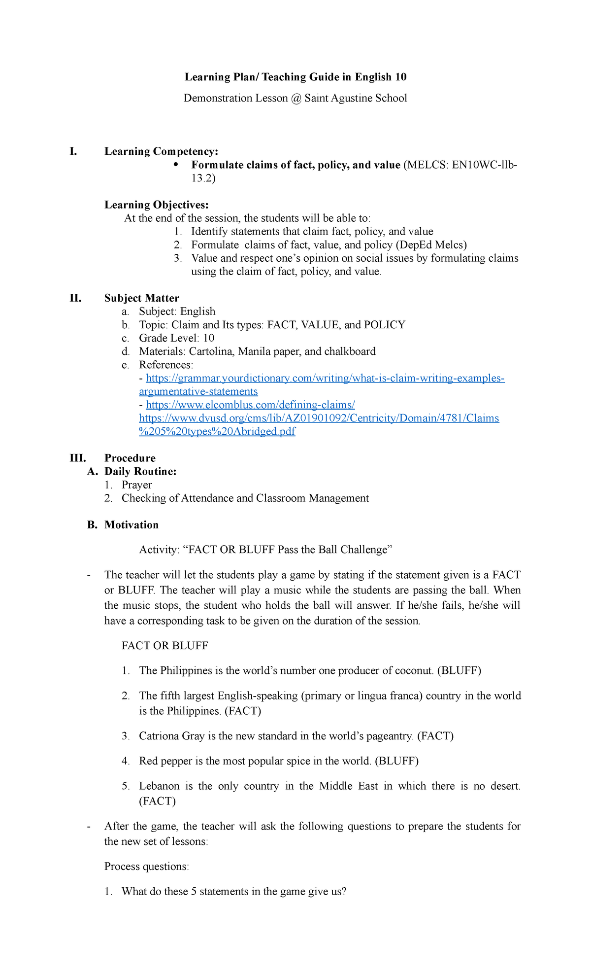 Teaching guide-English - Learning Plan/ Teaching Guide in English 10 ...