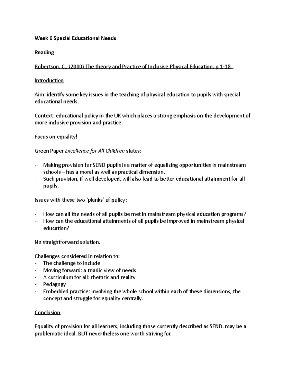 Inclusive 6 - Lecture notes 6 - Week 6 Special Educational Needs ...