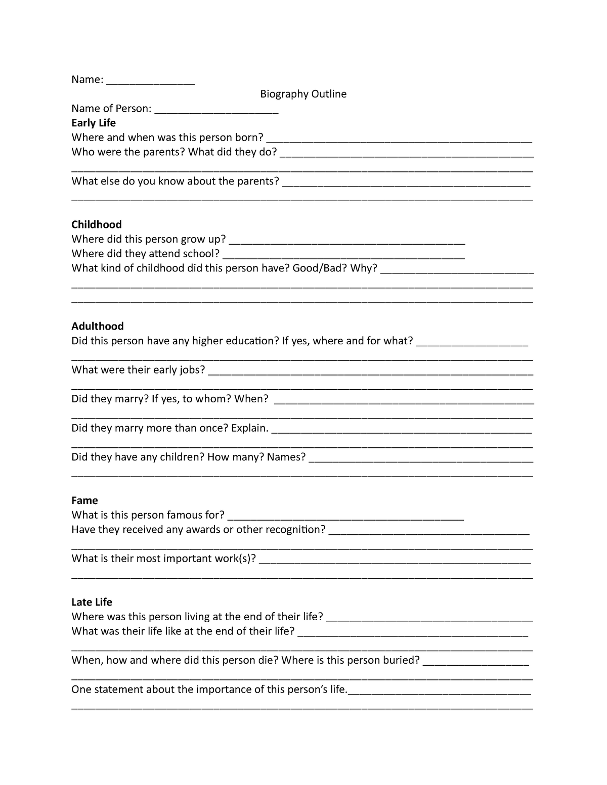 biography outline middle school