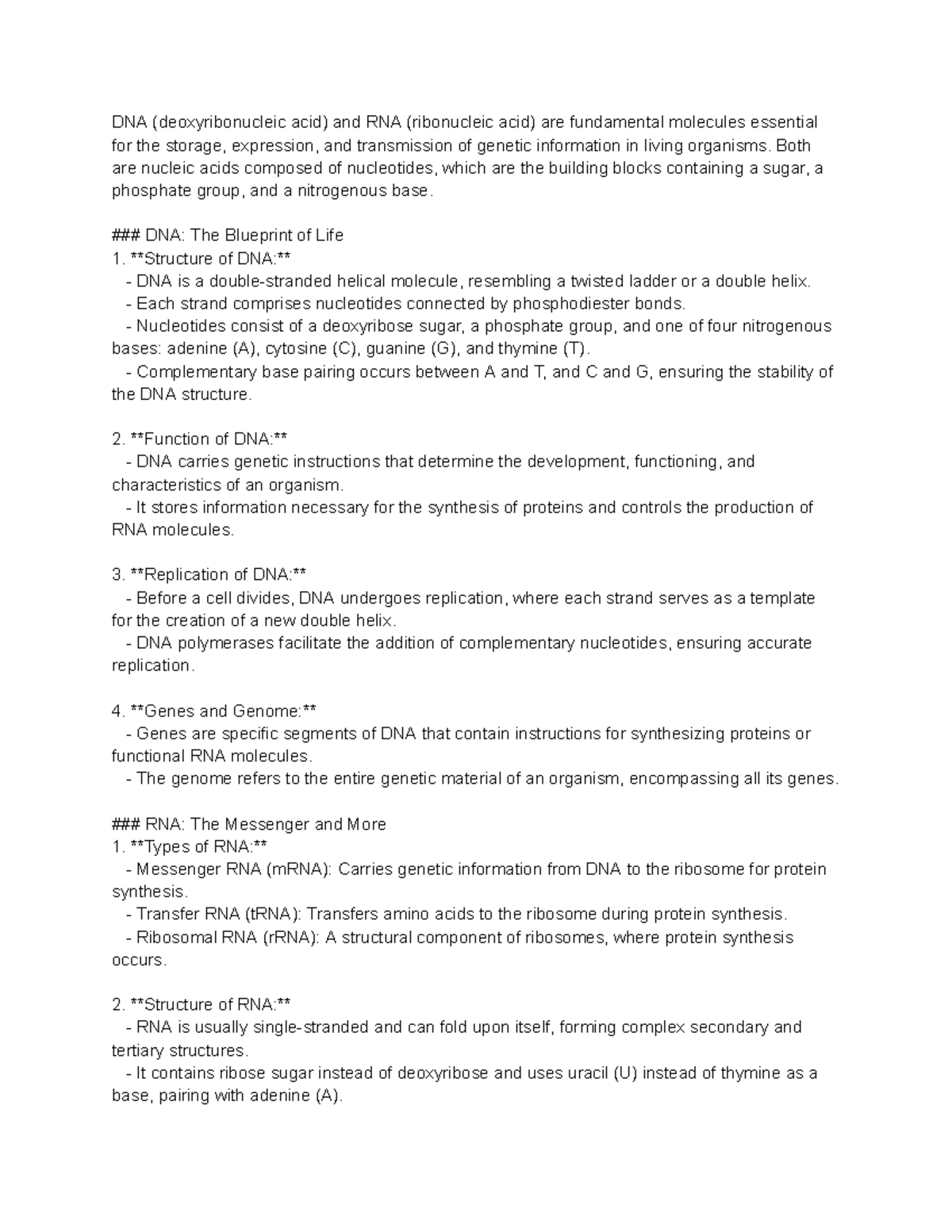 DNA and RNA - biology course work - DNA (deoxyribonucleic acid) and RNA ...
