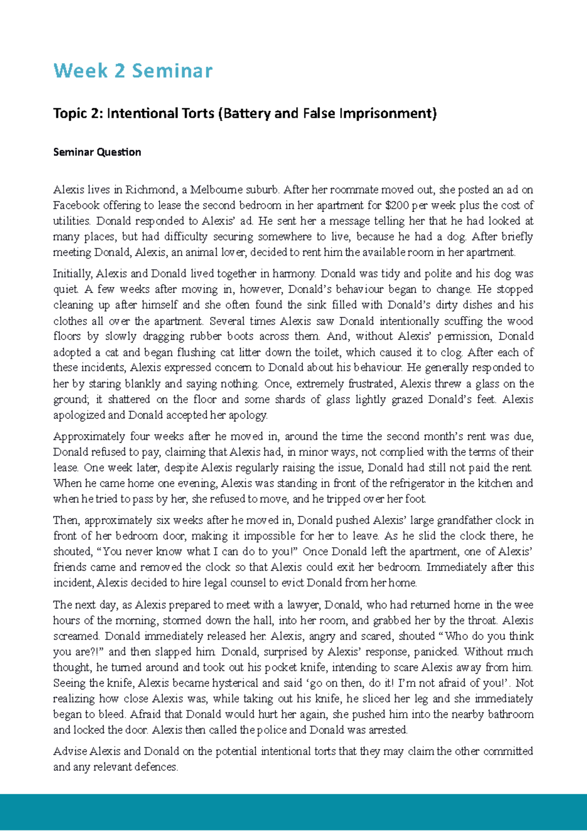 Week+2+Seminar+Question - Week 2 Seminar Topic 2: Intentional Torts ...