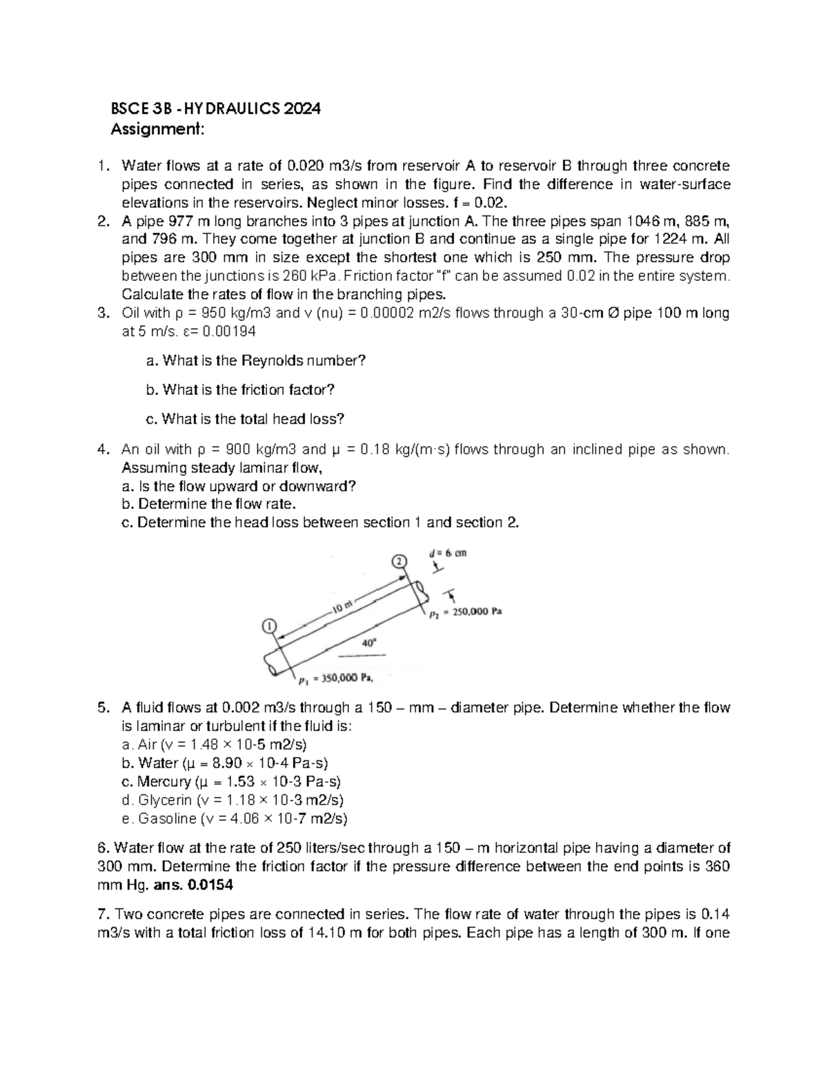 Assignment Fluid Flow in Pipes - BSCE 3B - HYDRAULICS 2024 Assignment ...