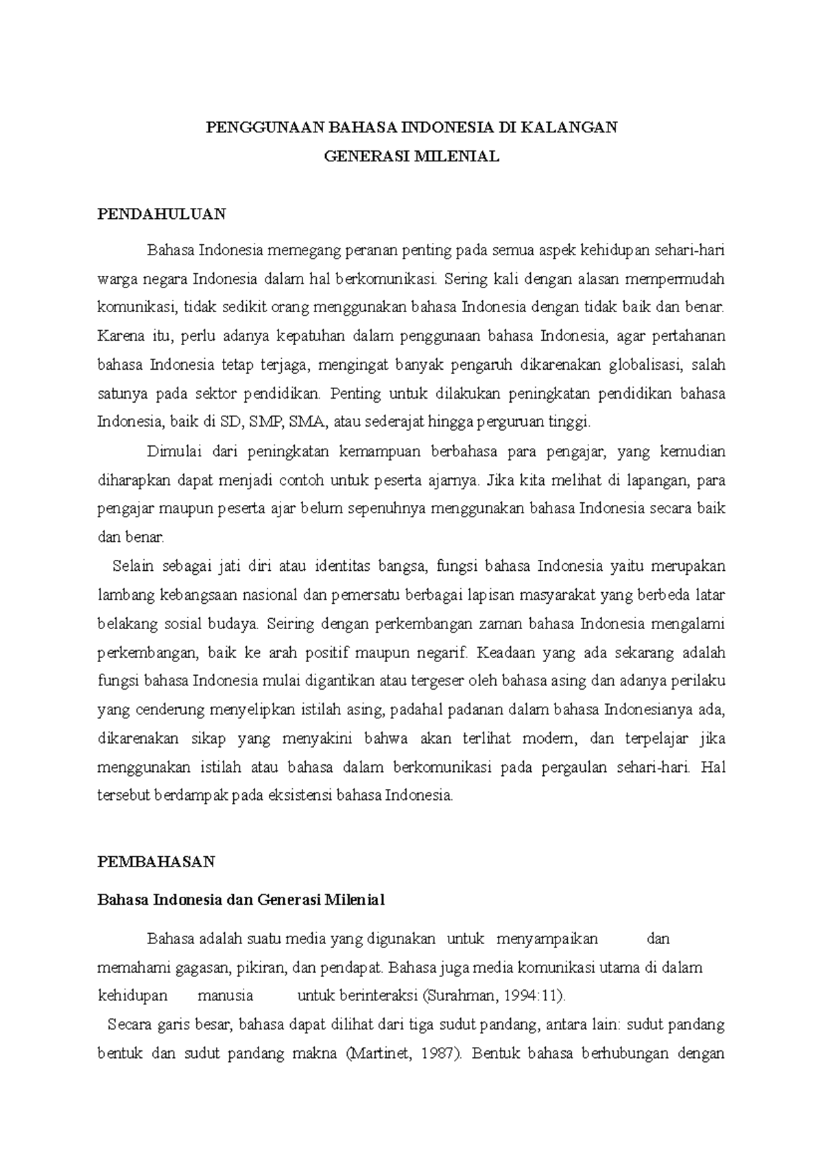 Penggunaan Bahasa Indonesia Di Kalangan Generasi Milineal - PENGGUNAAN ...