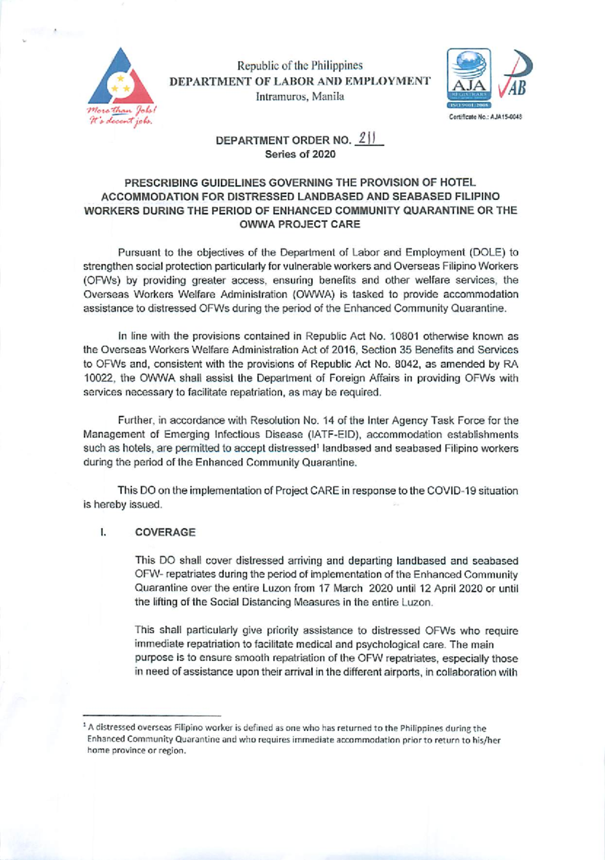 Governing THE Provisions OF Hotel Accommodation FOR Distress Landbased ...