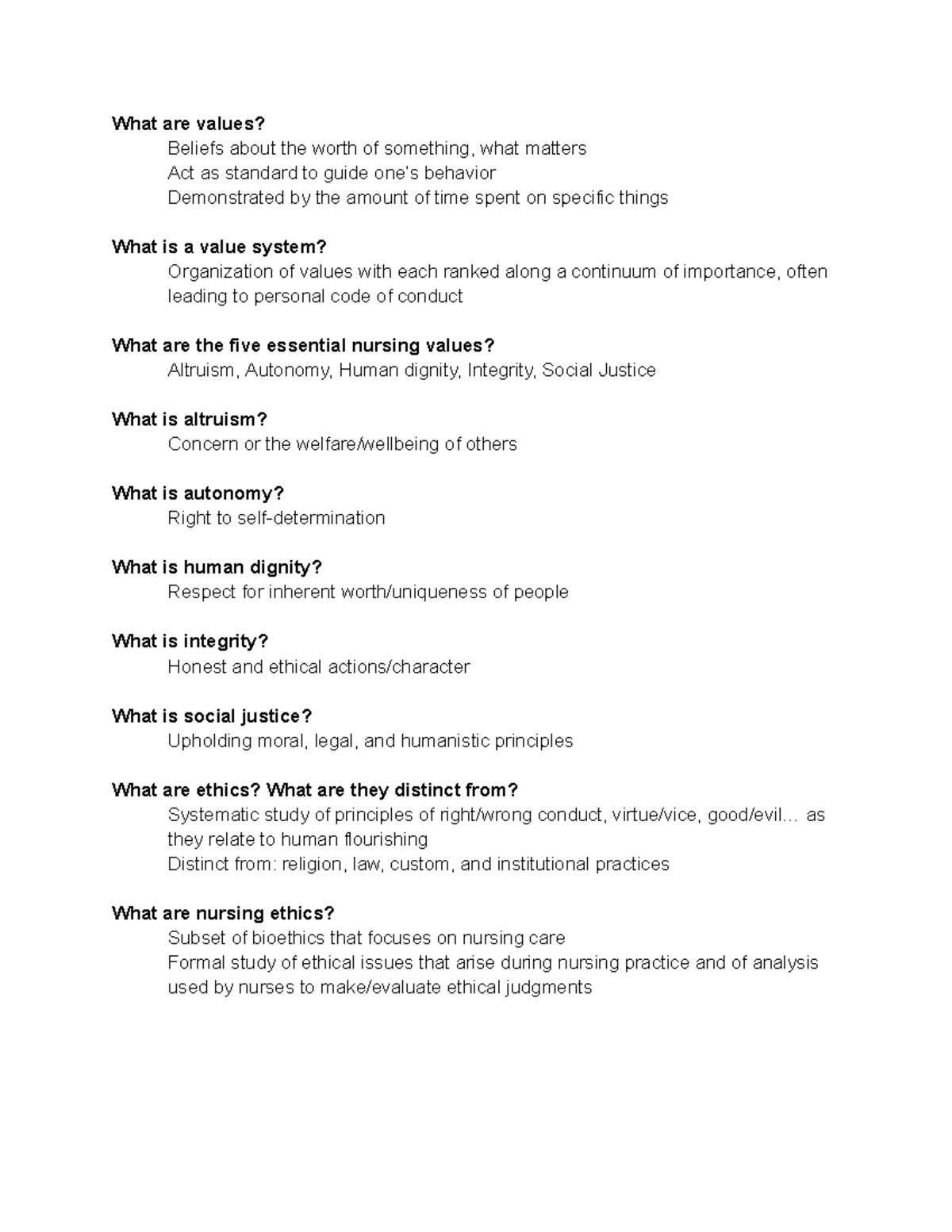 NURS 100 Study Guide What Are Values Beliefs About The Worth Of