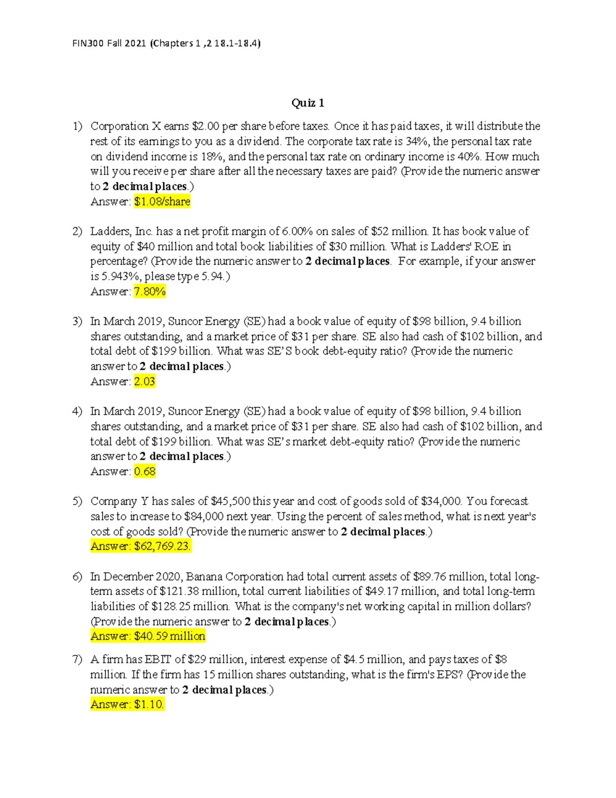 FIN 300 QUIZ 1 Formulas - Fin 300 - Toronto Met - Studocu