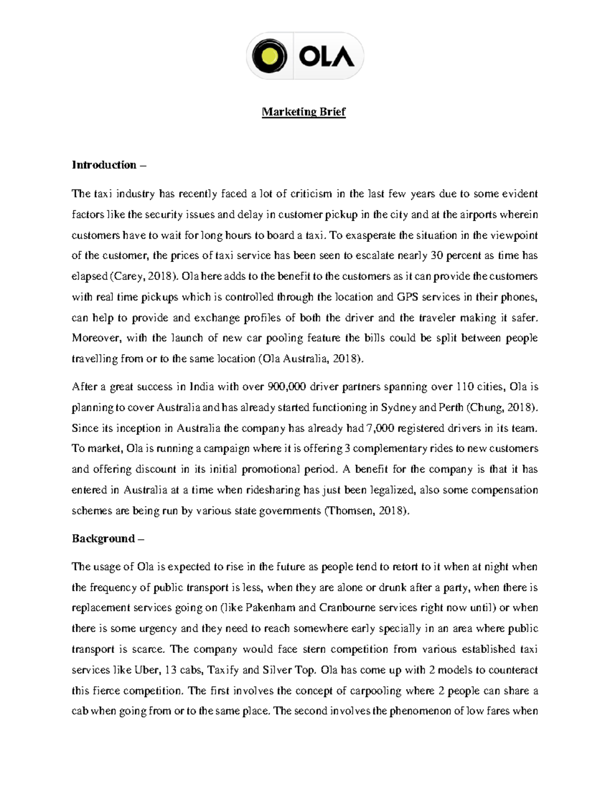 Ola Assignment 1 Prepare A Market Research Brief Warning TT 