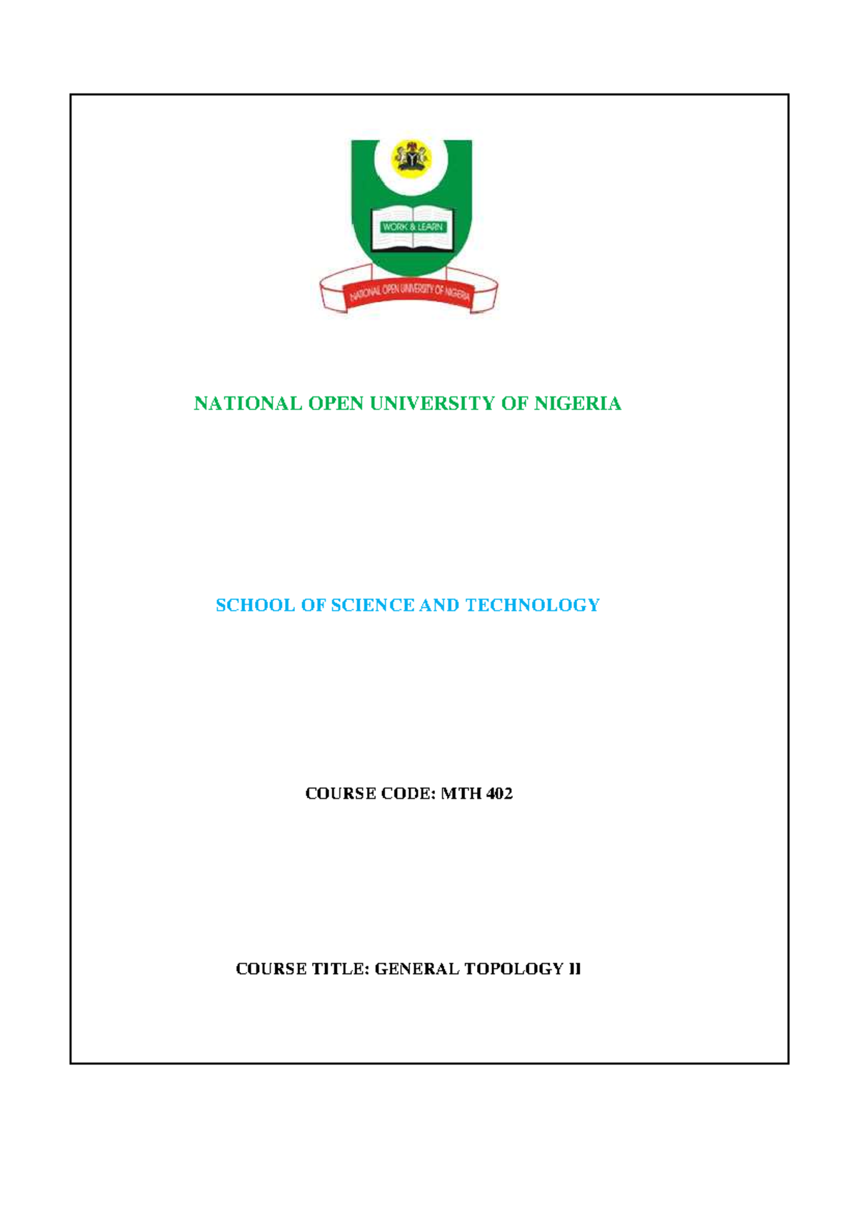 MTH402 NATIONAL OPEN UNIVERSITY OF NIGERIA SCHOOL OF SCIENCE AND