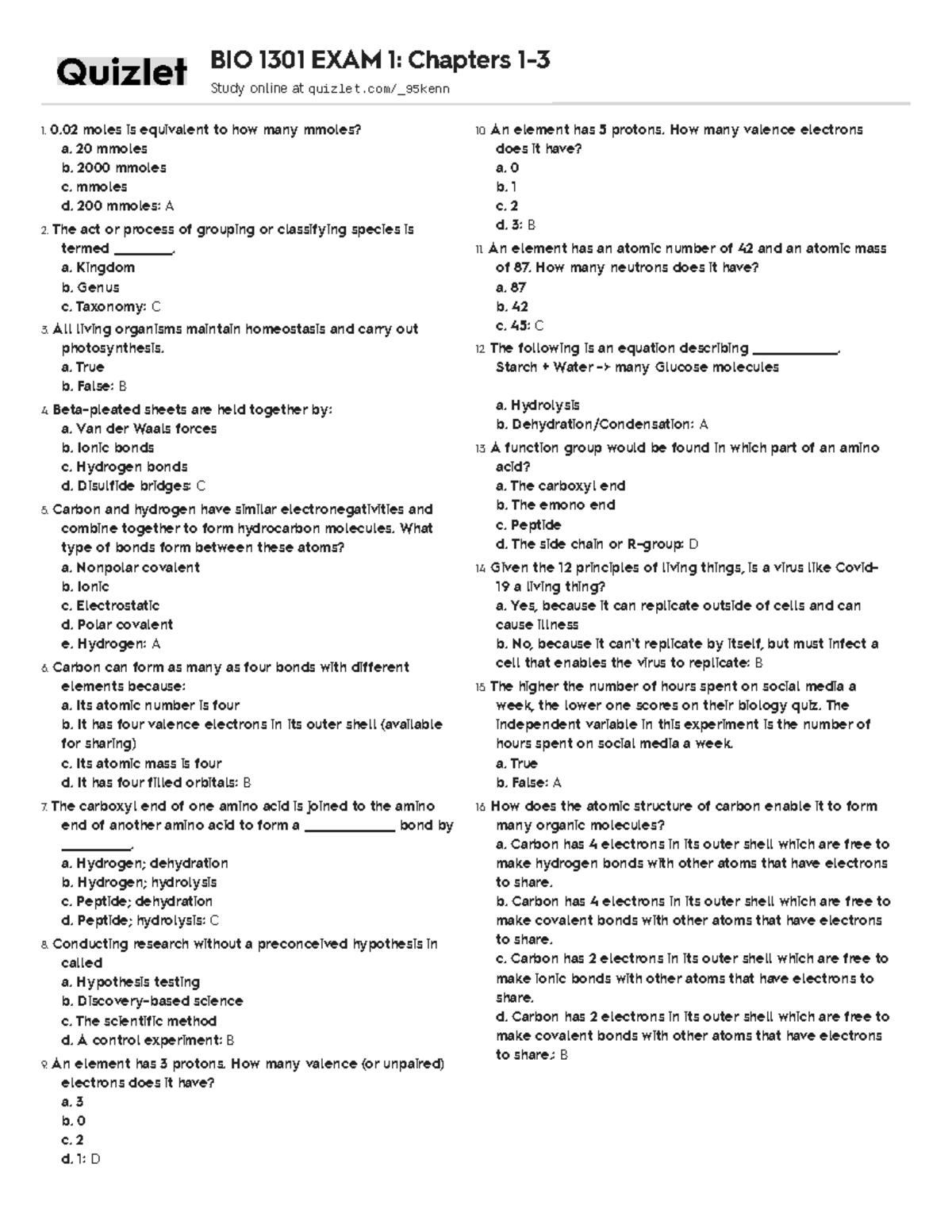 Introduction To Biology Biol 1301 - Graded Quiz Unit 3 - 1.0 Moles Is 