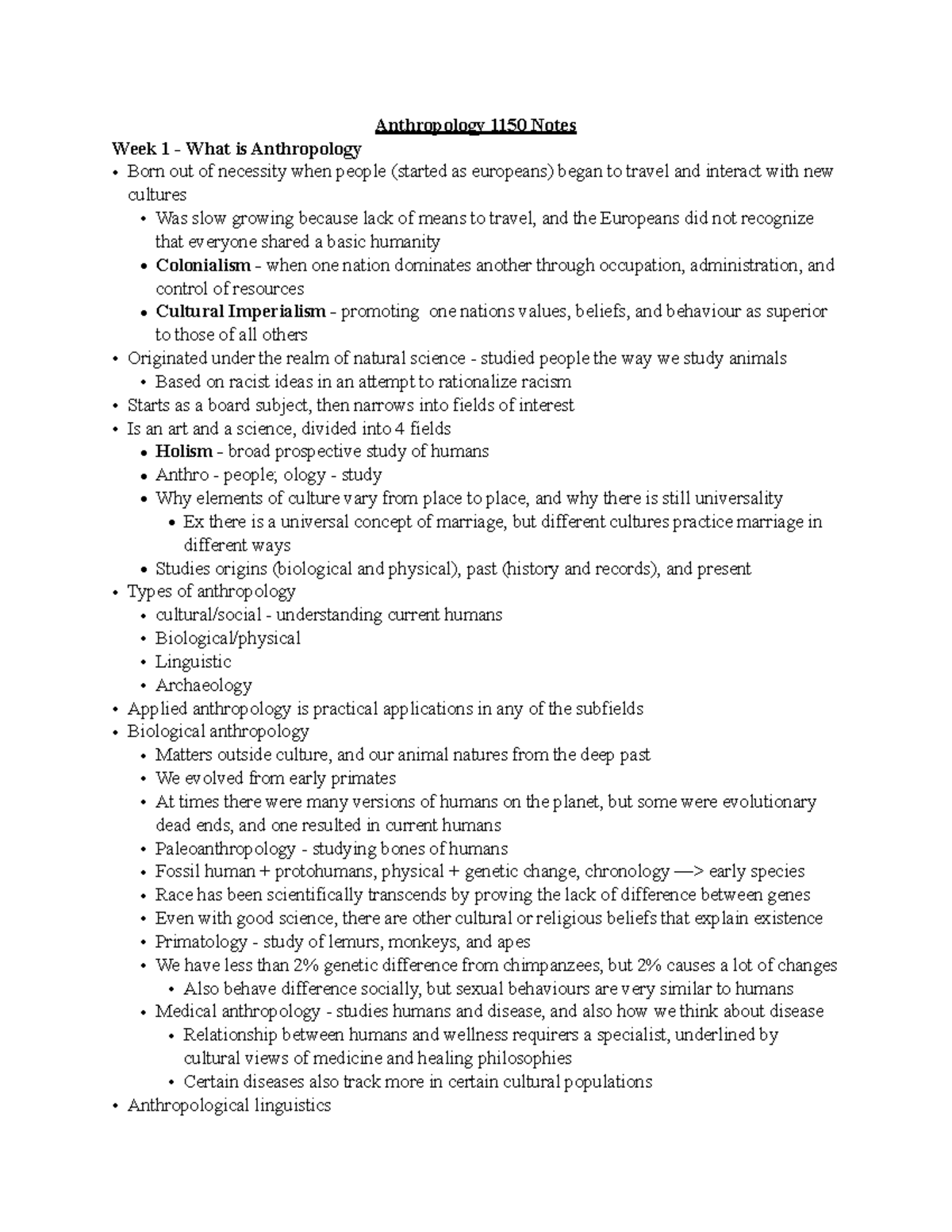 Anthropology 1150 Notes - Anthropology 1150 Notes Week 1 - What is ...