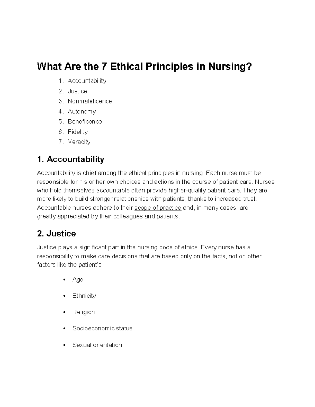 7 Ethical Principles in Nursing - Accountability 2. Justice 3 ...