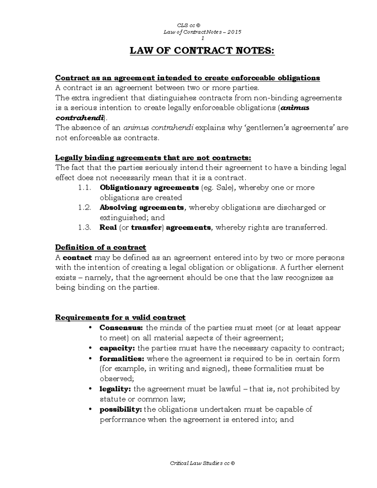 Contract Notes Final 2015 - Law of Contract Notes – 2015 1 LAW OF ...
