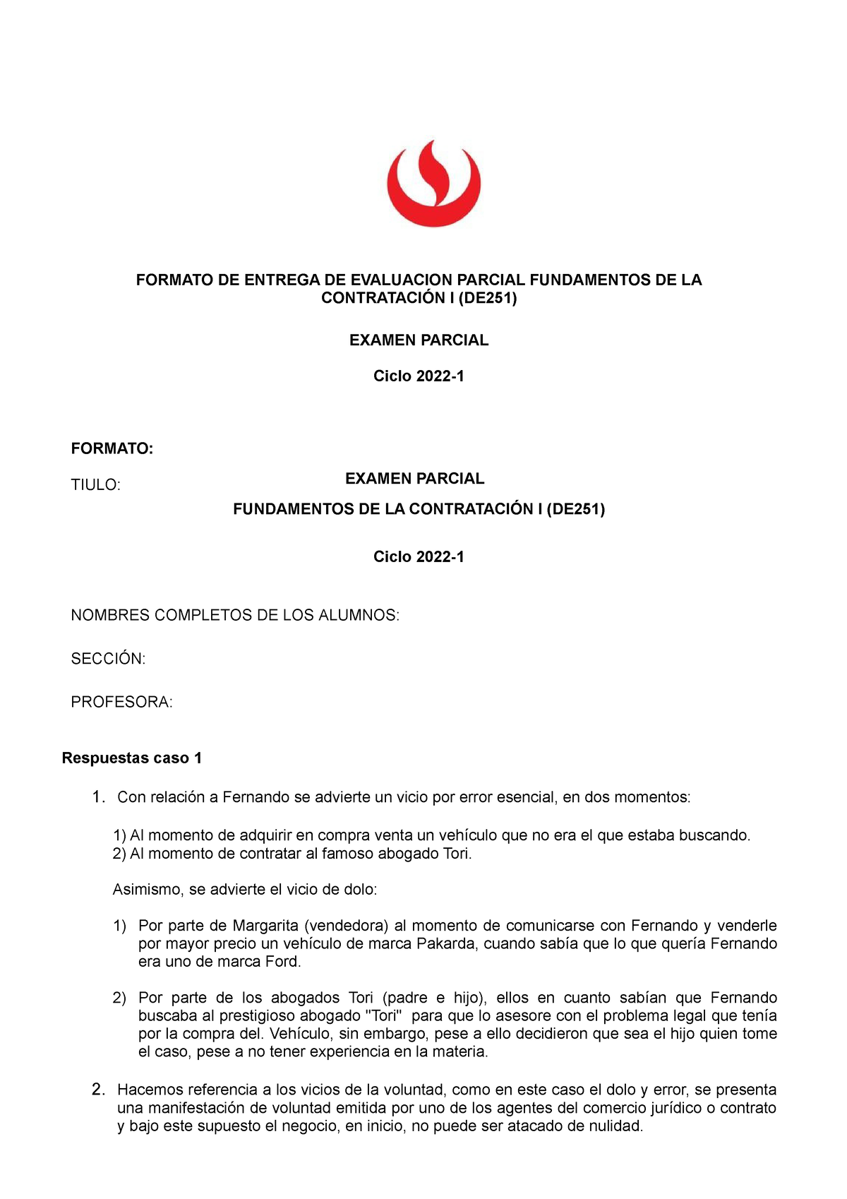 Formato parcial 2022-1 - FORMATO DE ENTREGA DE EVALUACION PARCIAL  FUNDAMENTOS DE LA CONTRATACIÓN I - Studocu