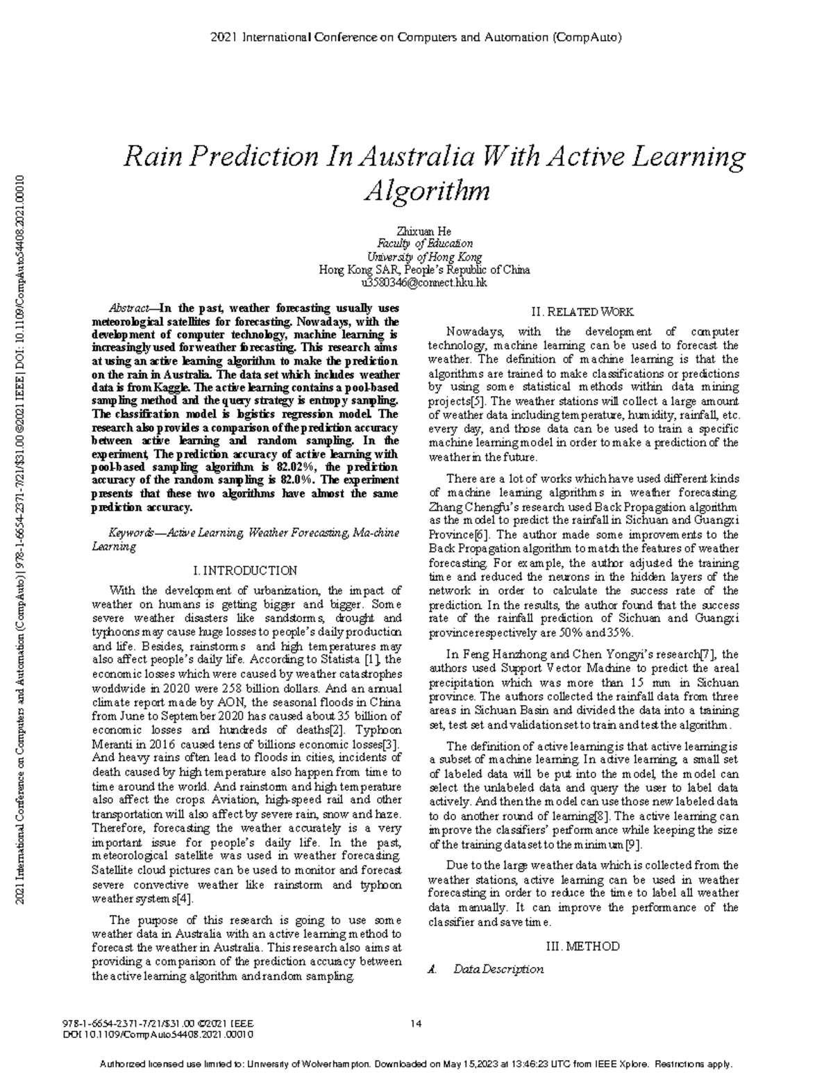 Rain Prediction In Australia With Active Learning Algorithm Rain