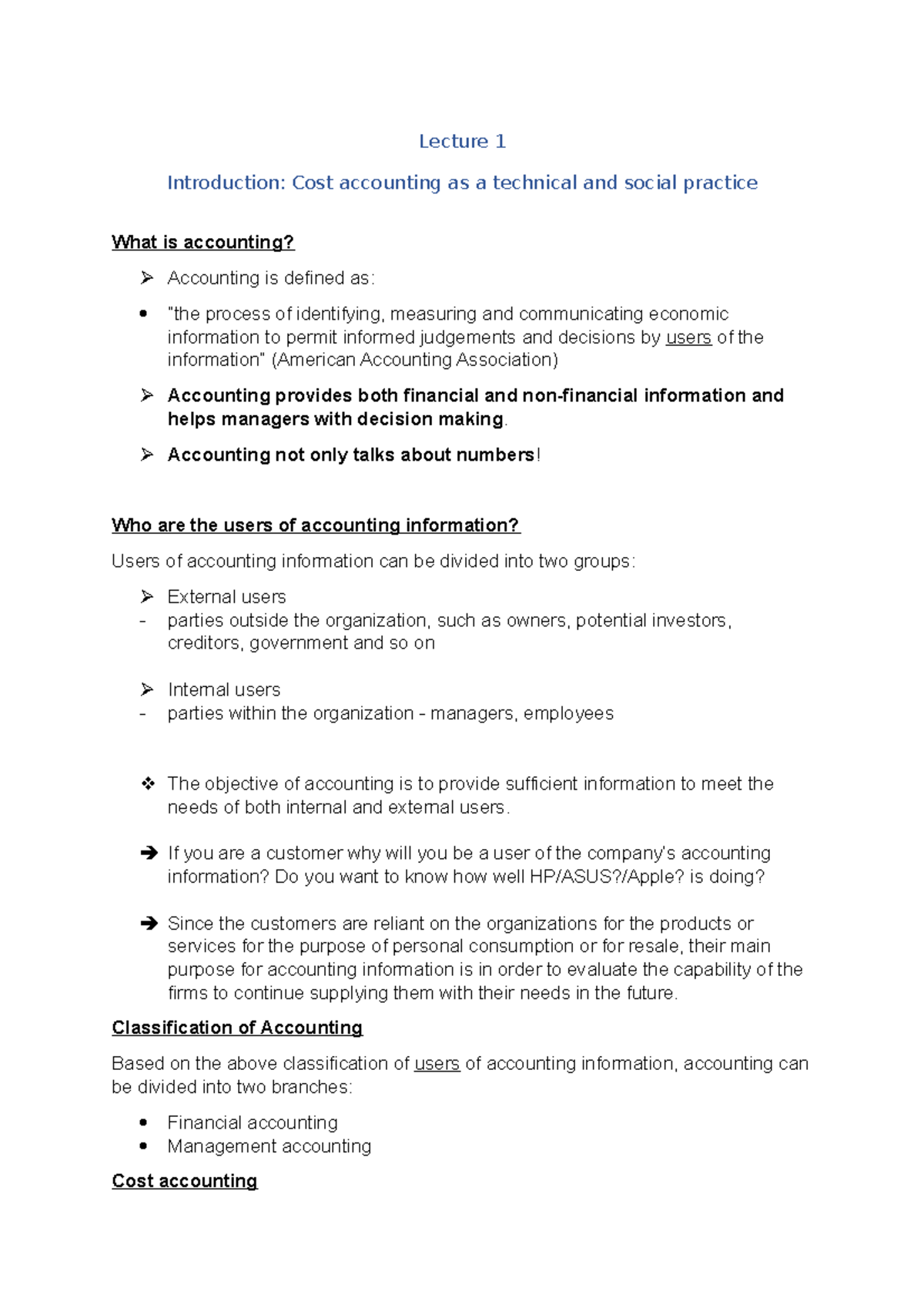 Lecture 1 Cost Analysis and Organisational Decisions Lecture 1 Notes ...