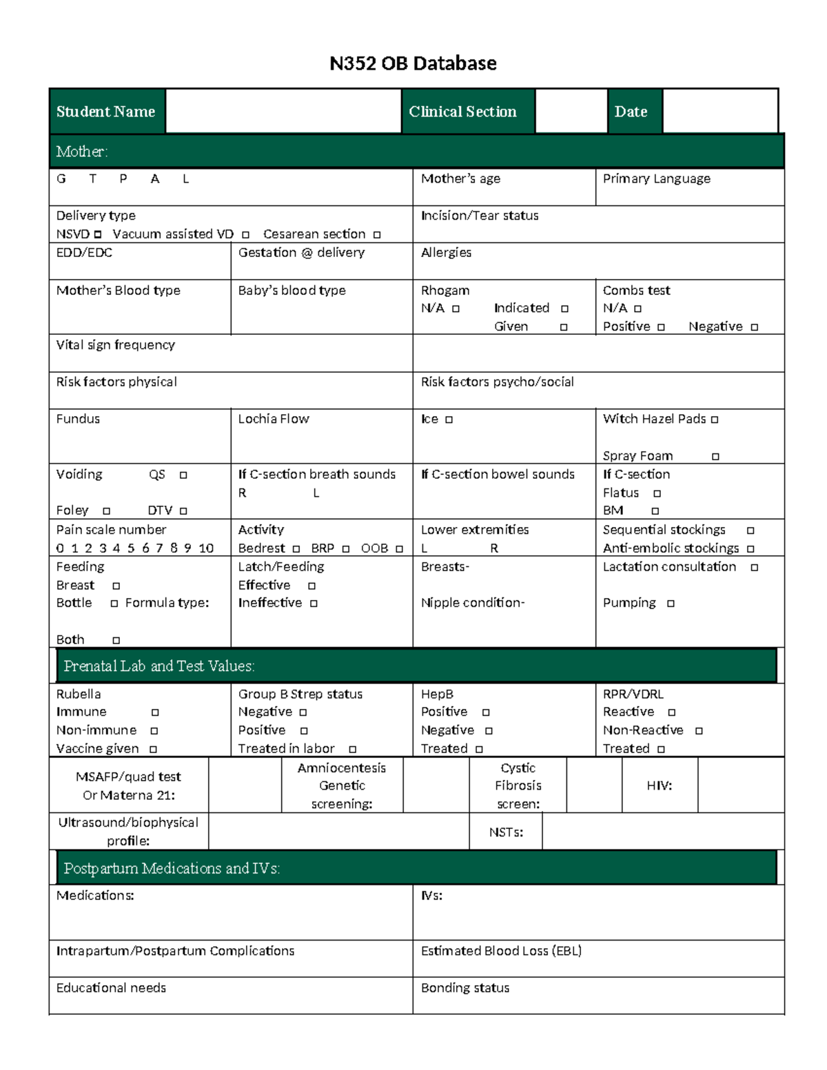 2024 Spring Updated N352 OB Database 1 - N352 OB Database Student Name ...