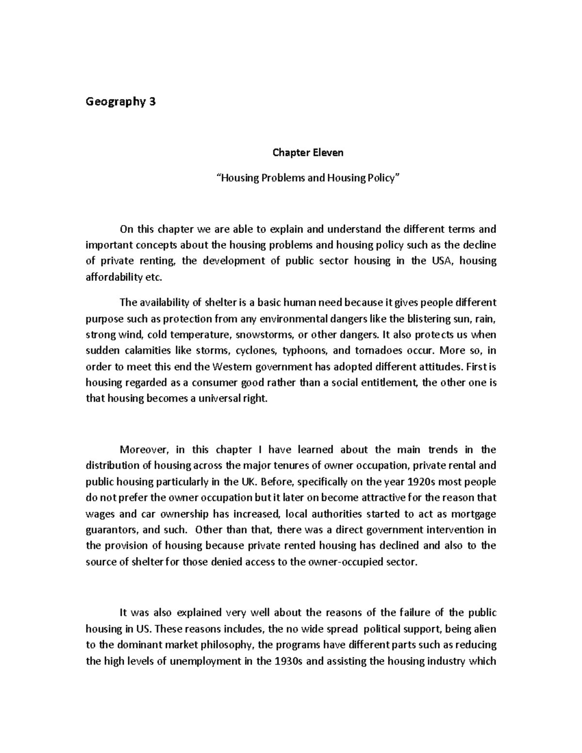 Geography 3 Chapter 11 (Housing Problems and Housing Policy