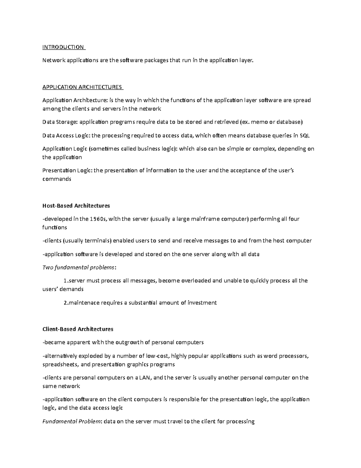 Itec 3210 - Chapter 2 Summary - Introduction Network Applicaions Are 