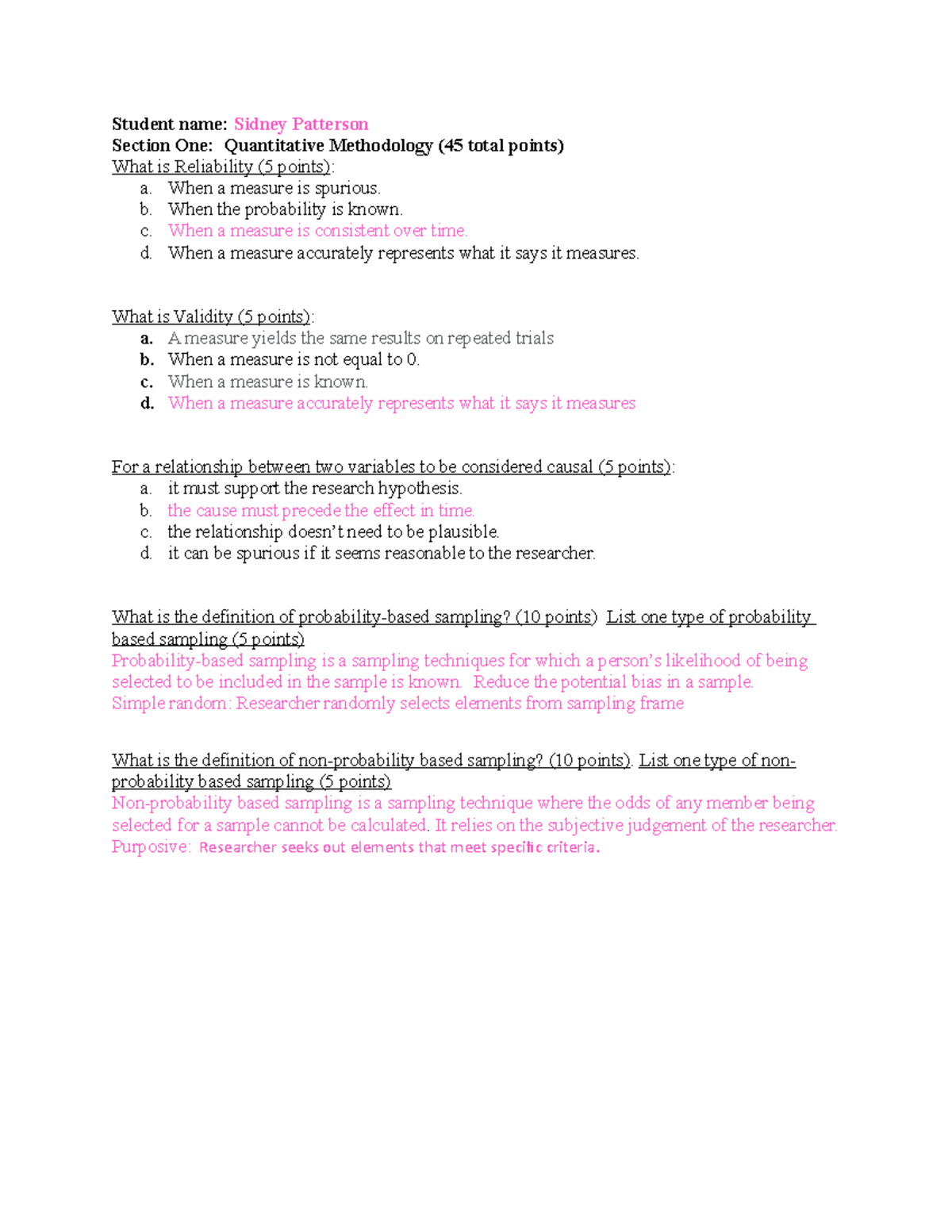 Quiz Two Quiz 2 Student Name Sidney Patterson Section One Quantitative Methodology 45 Total Studocu