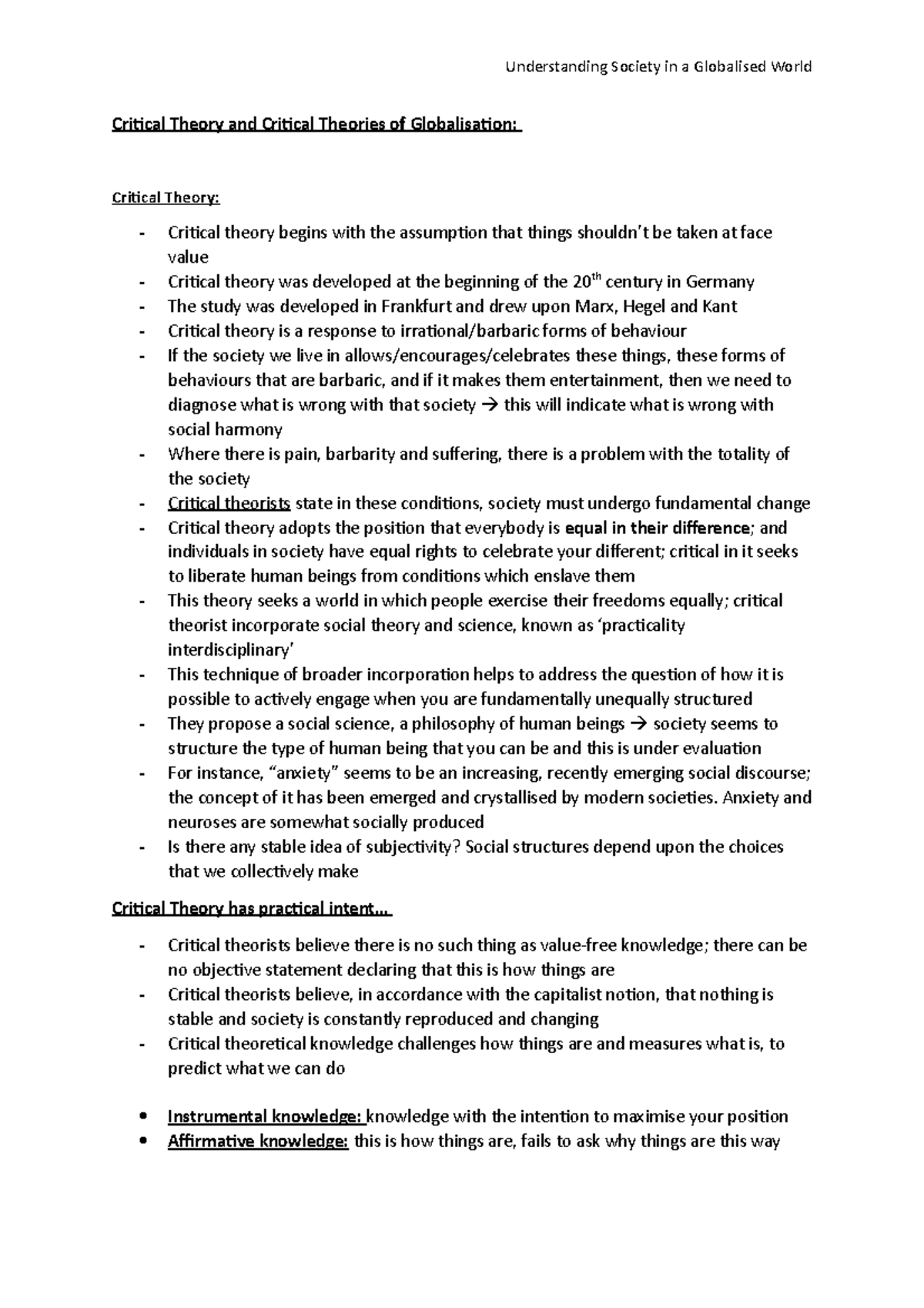 Lecture 5 - Critical Theory - Understanding Society in a Globalised ...