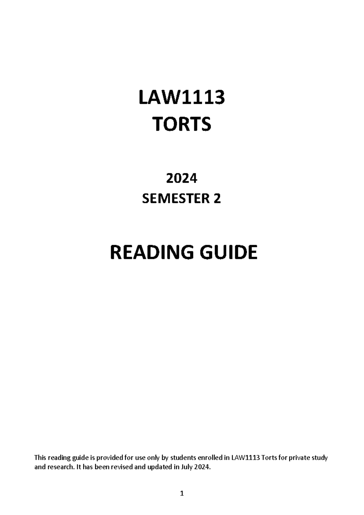 LAW1113 Torts 2024 s2 - Reading Guide Updated - LAW TORTS 2024 SEMESTER ...