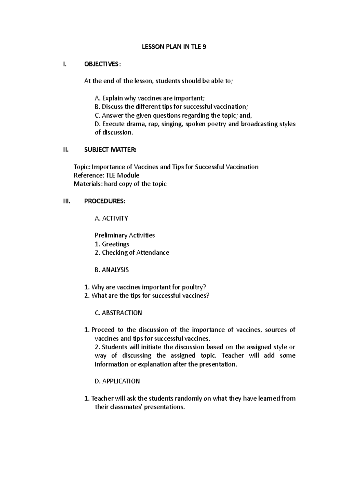 Lesson PLAN IN TLE 9 LESSON PLAN IN TLE 9 I OBJECTIVES At The End