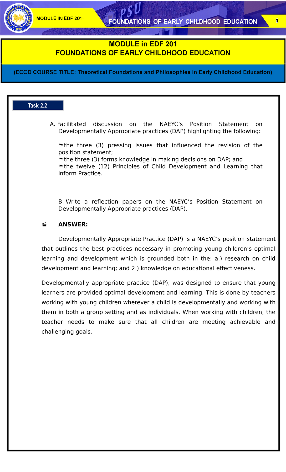 TASK 2 - ASSIGNMENT - (ECCD COURSE TITLE: Theoretical Foundations and ...