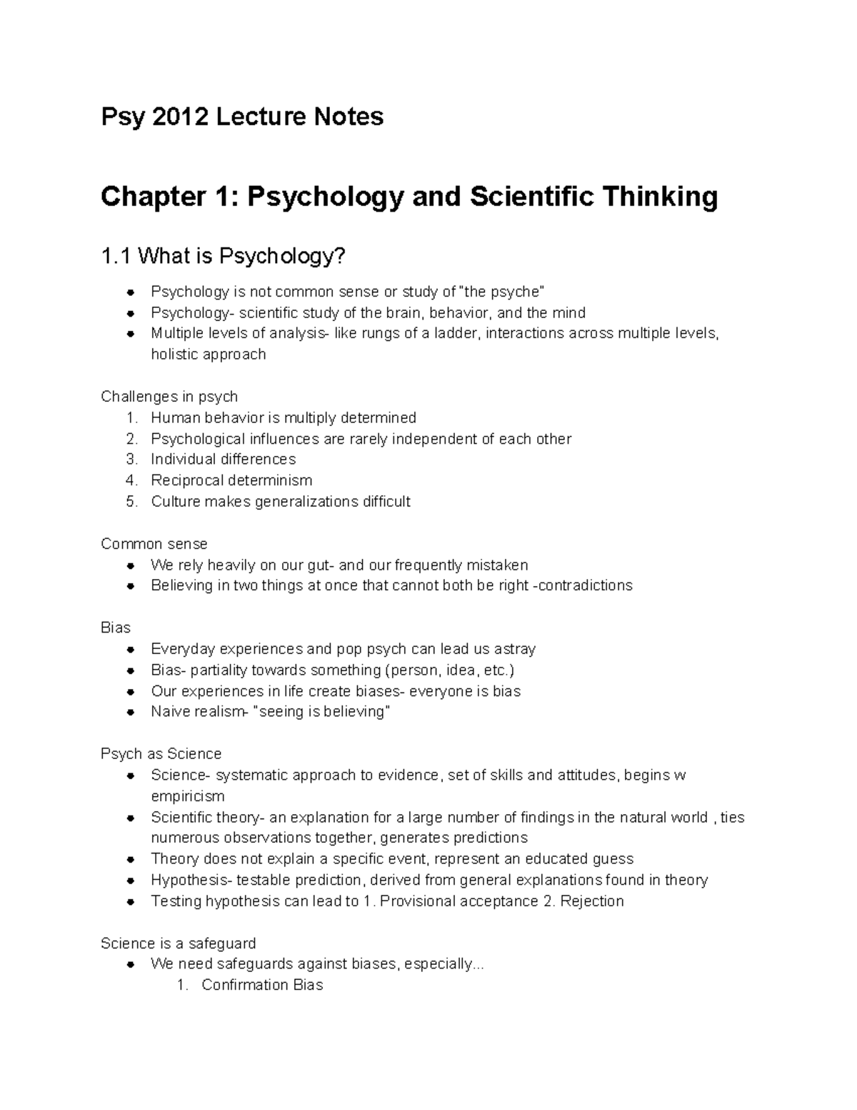 PSY2012 Lecture Notes - Psy 2012 Lecture Notes Chapter 1: Psychology ...