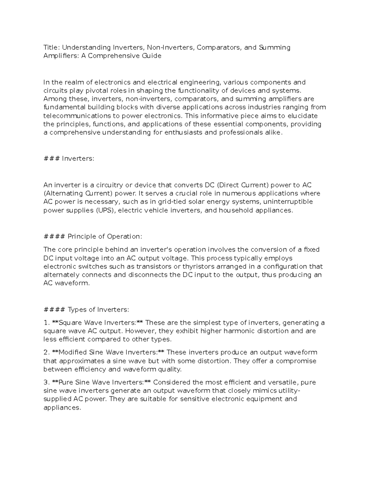 Understanding Inverters, Non-Inverters, Comparators, and Summing