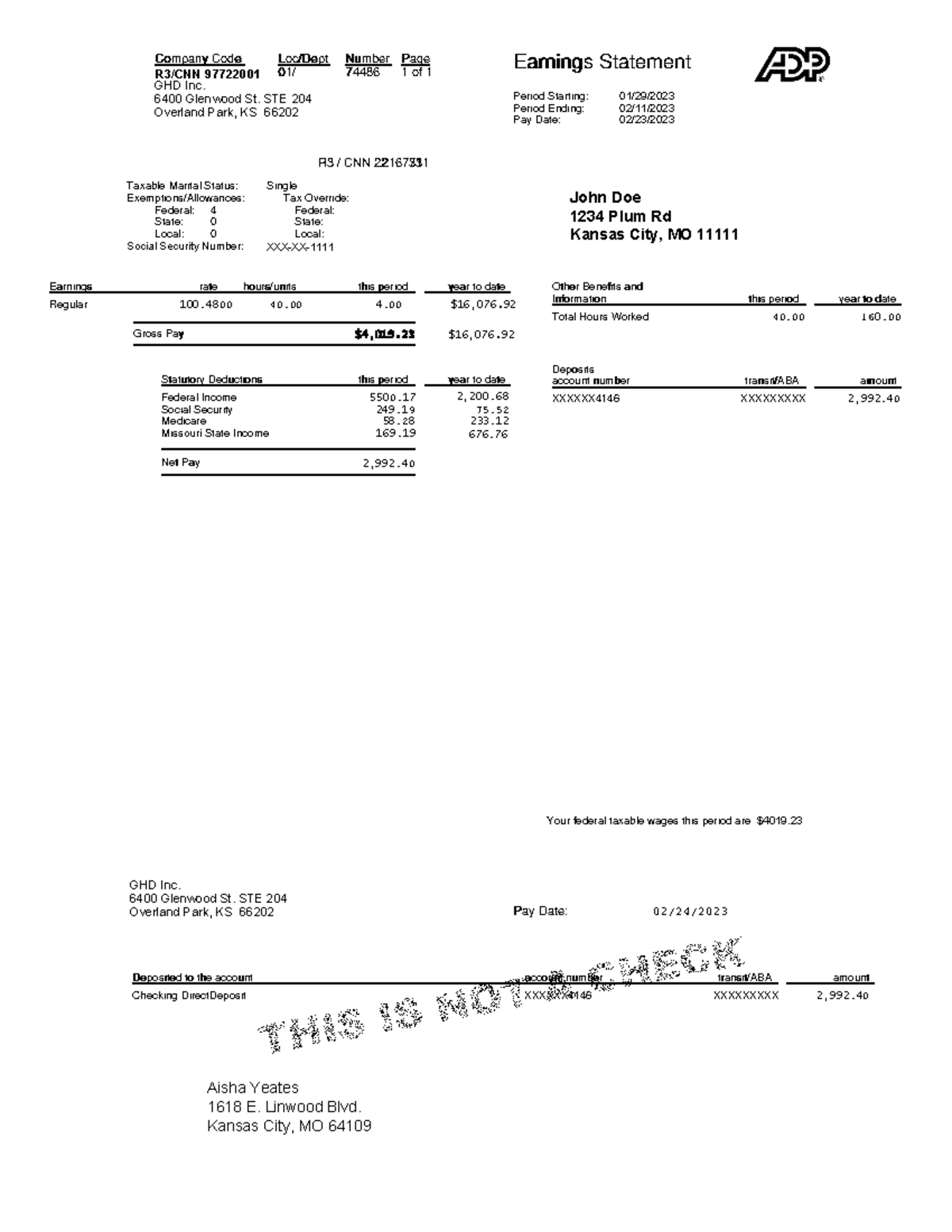 Paystub GHD Inc1 - Assignment - R3 / CNN 22167731R3 / CNN 2216731 GHD ...