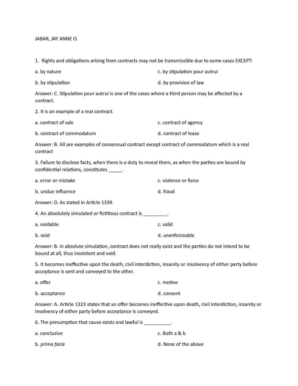 RFBT1 Oblicon - Practice Questions - JABAR, JAY ANNE O. Rights And ...