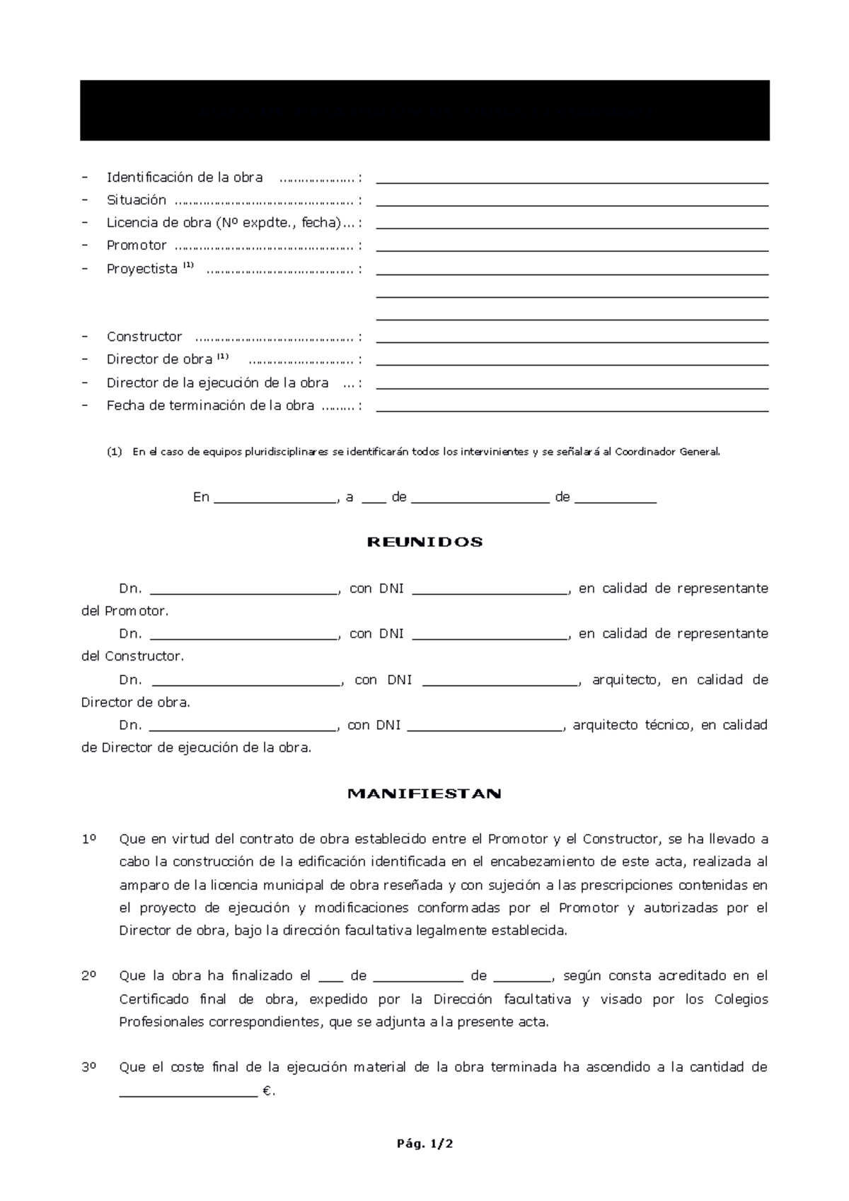 Acta-recepcion - ACTA - ACTA DE RECEPCIÓN DE OBRA (Totalidad ...