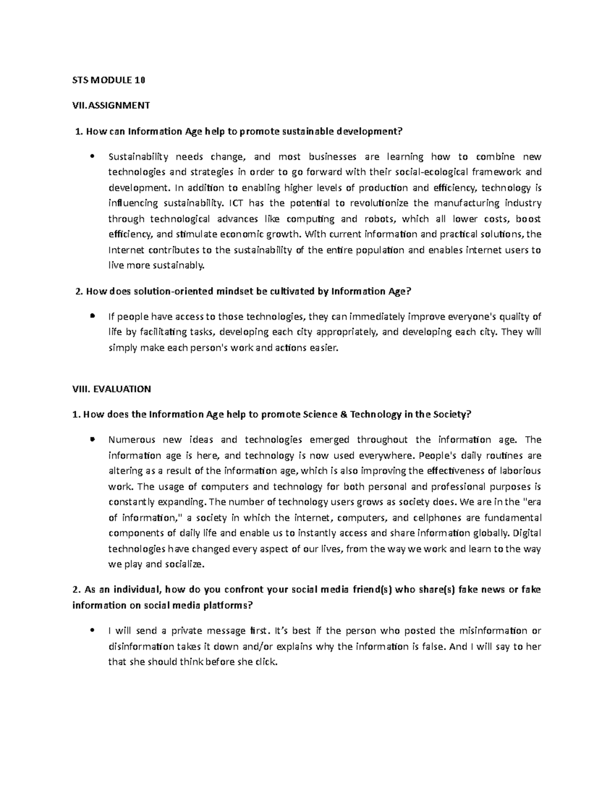 STS Module 10 STS MODULE 10 VII How can Information Age help to