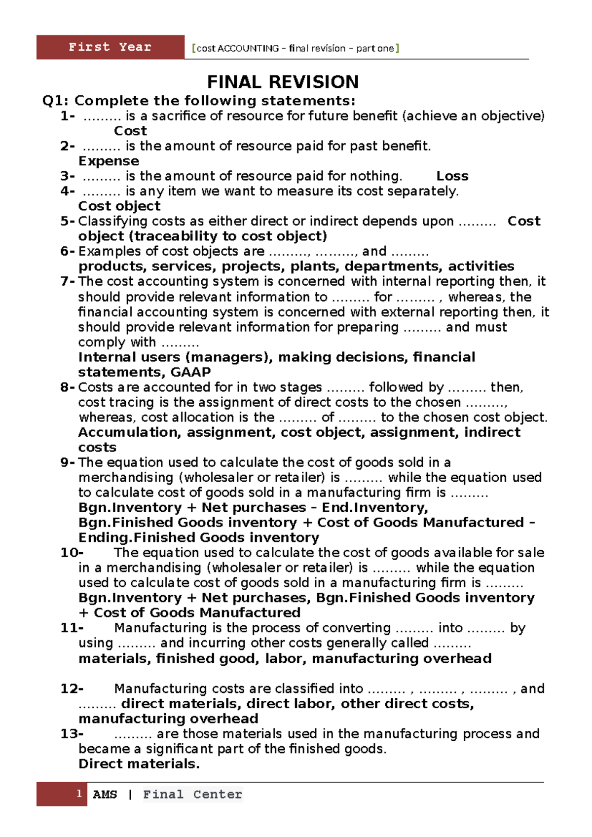 Final Cost 1E - cost - FINAL REVISION Q1: Complete the following ...