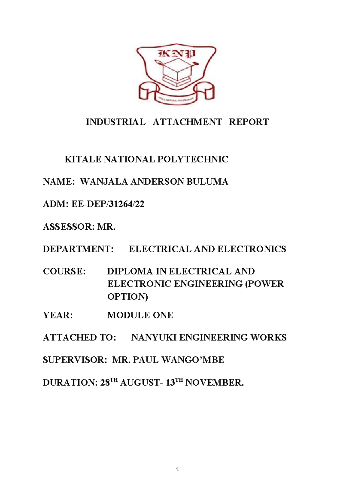 Anderson Industrial Report - INDUSTRIAL ATTACHMENT REPORT KITALE ...