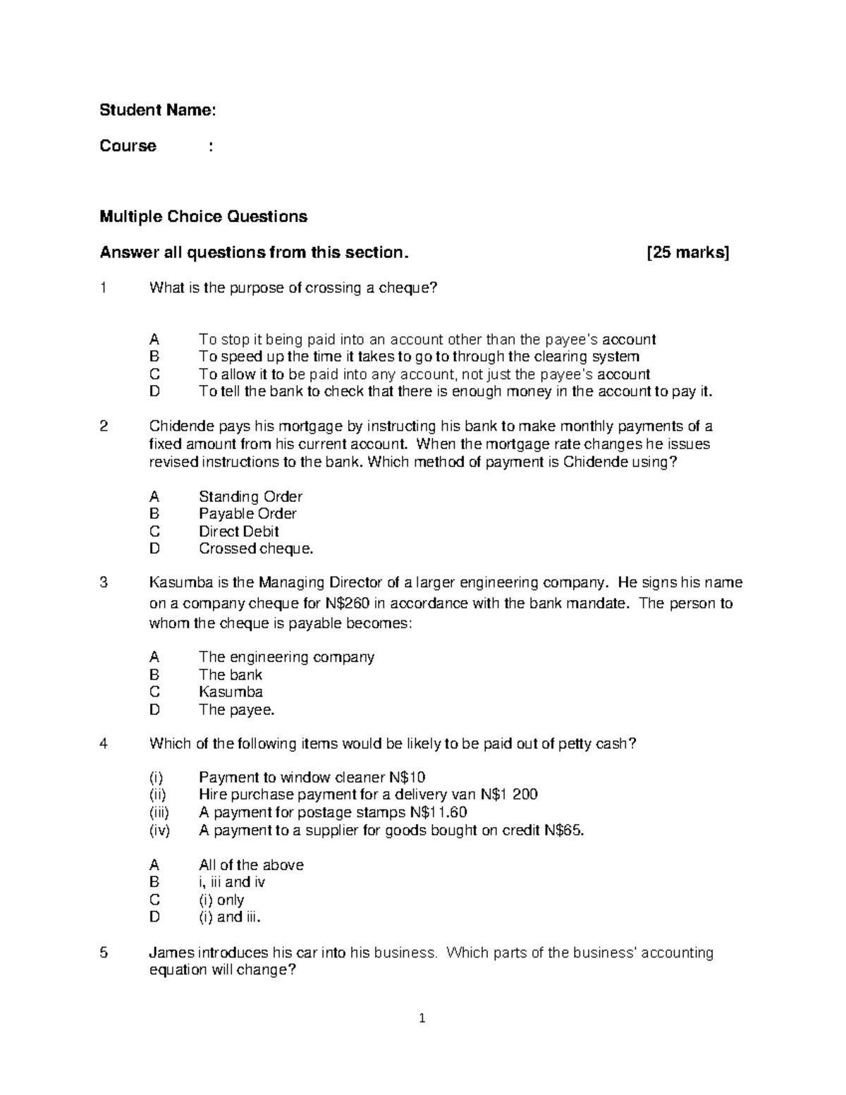 Test 3 Multiple Choice - Student Name: Course : Multiple Choice ...
