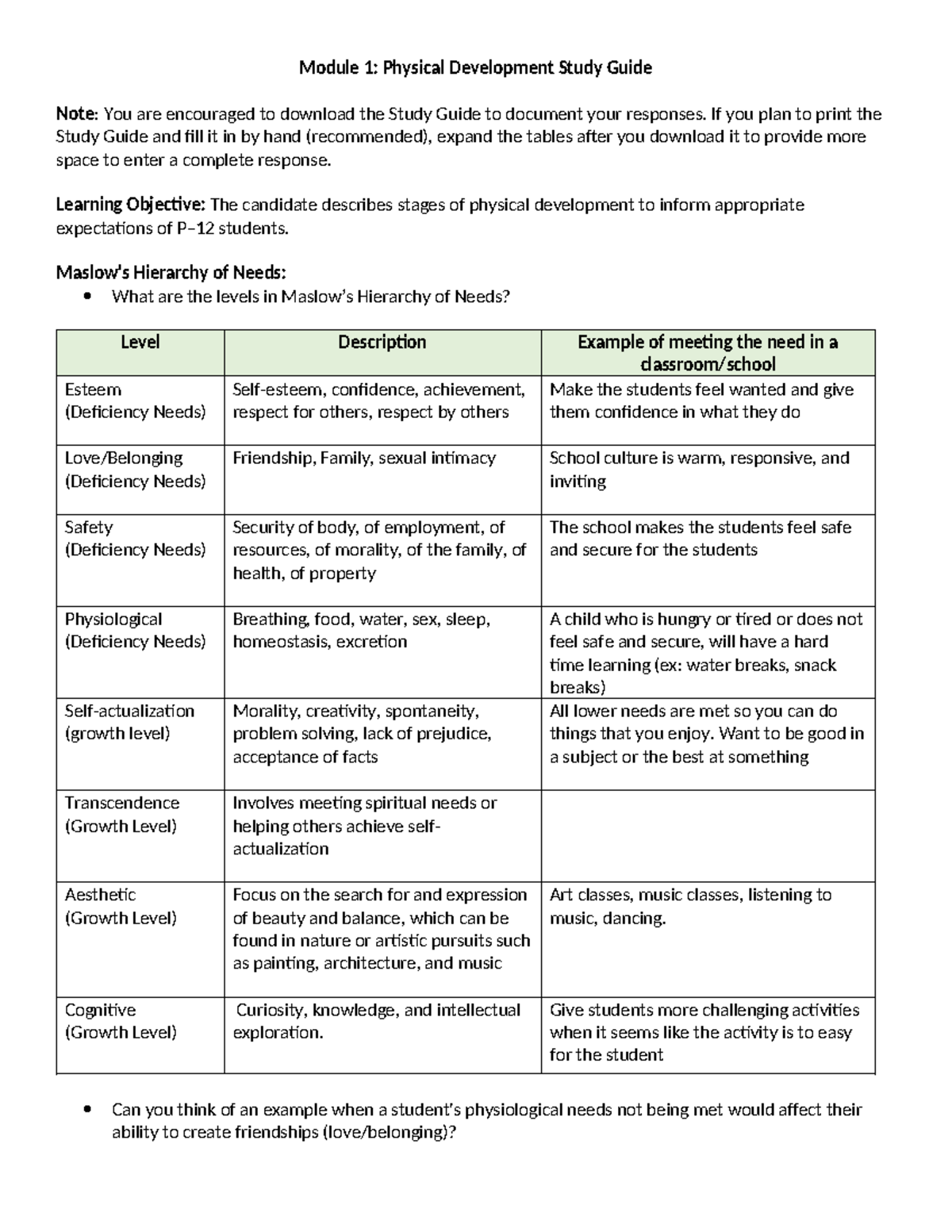 D094 D307 M1 Study Guide 1 - Module 1: Physical Development Study Guide ...