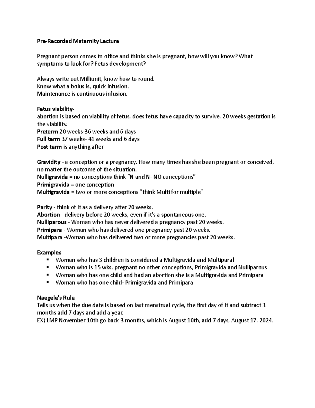 Maternity lecture notes for exam 1 (OB) - Pre-Recorded Maternity ...