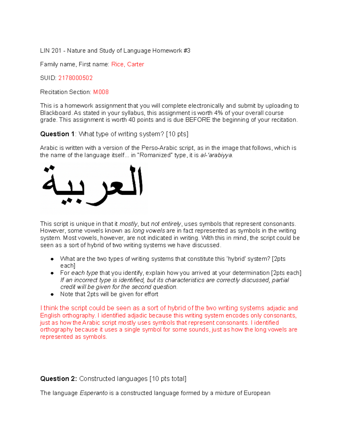 LIN 201 Homework #3 - LIN 201 - Nature and Study of Language Homework ...