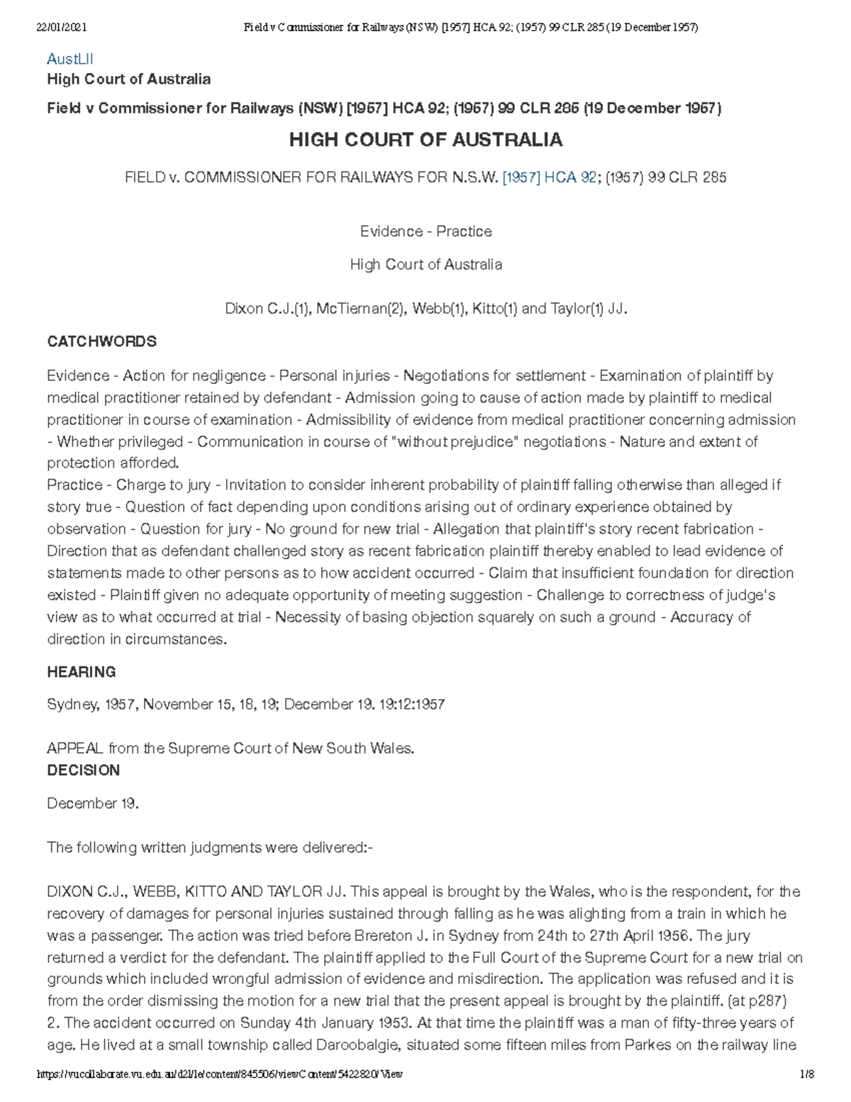 Field v Commissioner for Railways (NSW) [1957] HCA 92 - (LLW4000) Civil ...