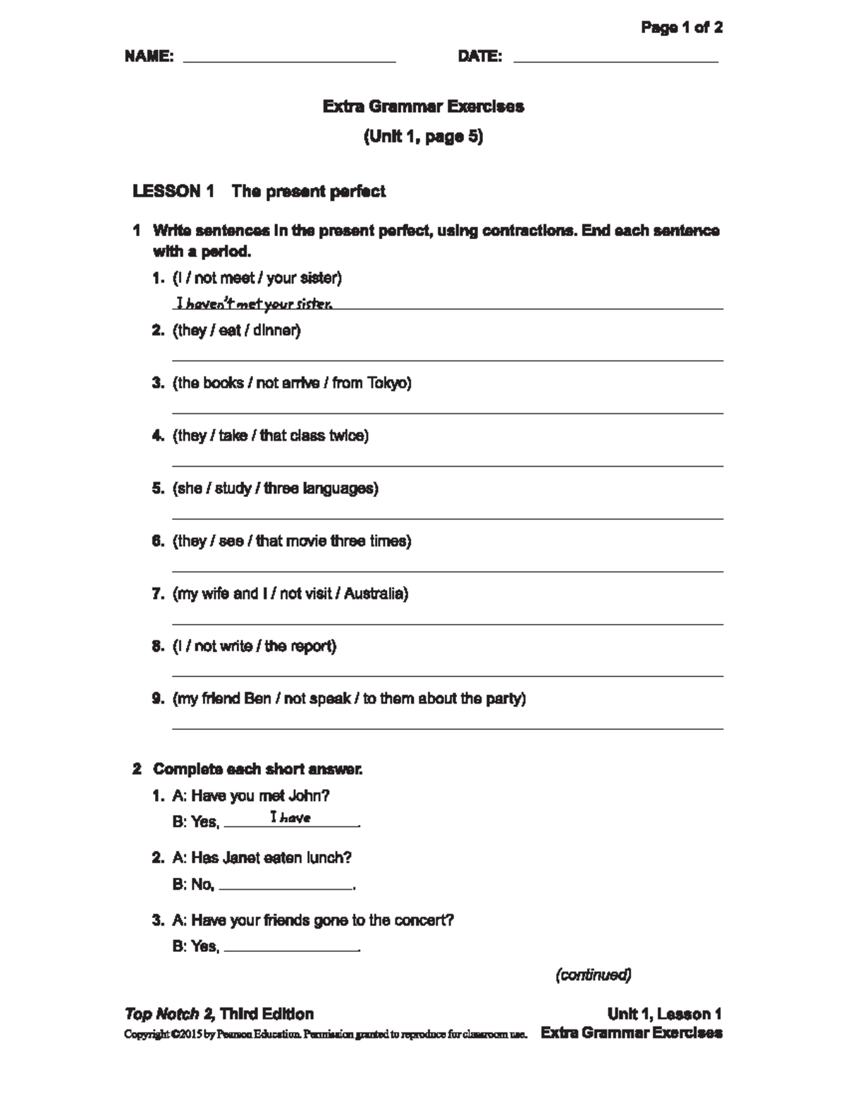 Workshop UNIT 1 - QWR - Page 1 of 2 NAME: DATE: Extra Grammar Exercises ...