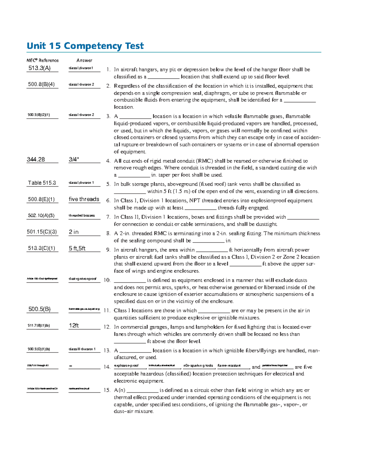 Miller IG9e chapter 15 review-questions - Unit 15 Competency Test NEC ...