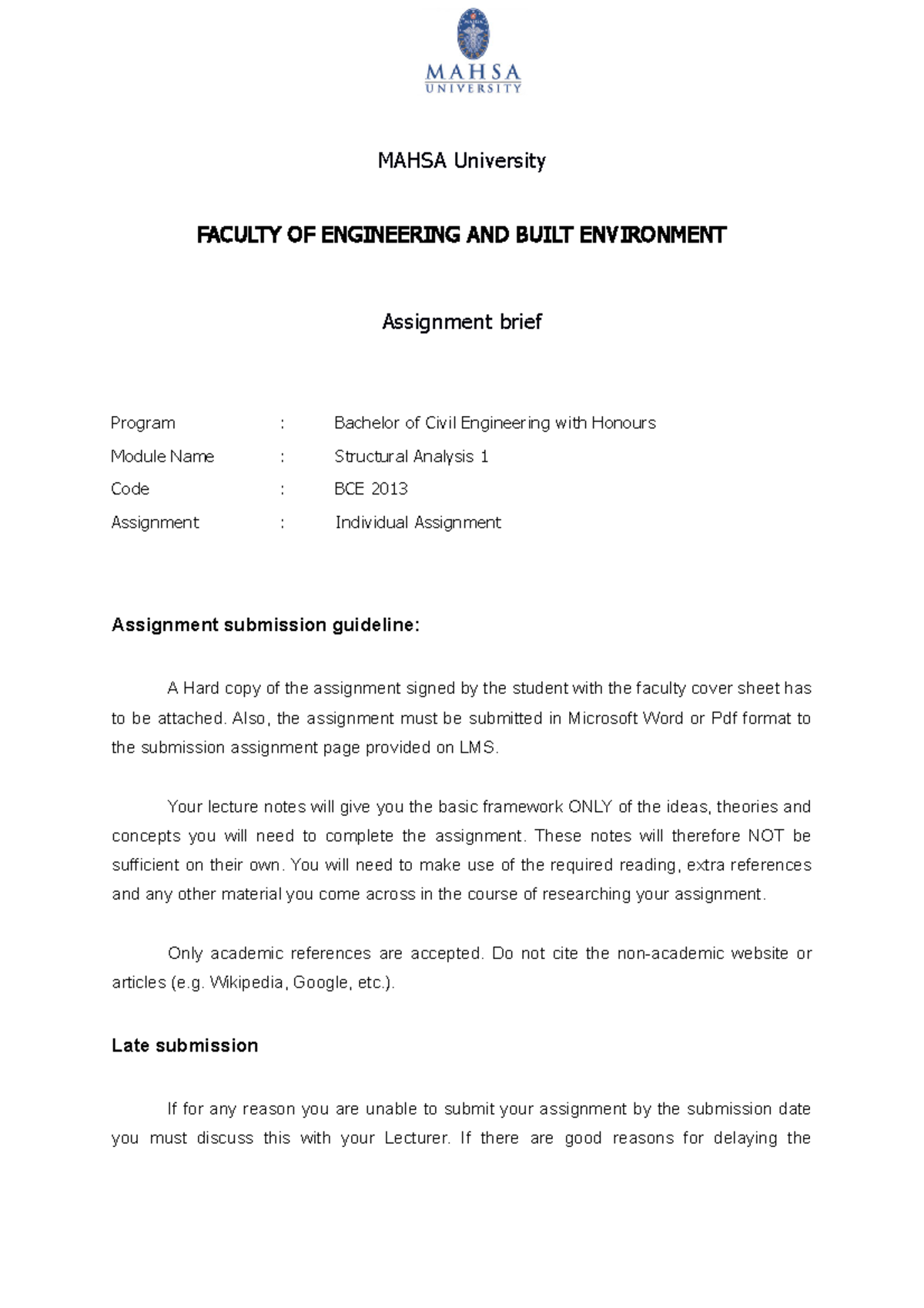 Assignment Structural Analysis 1 Oct 2020 - MAHSA University FACULTY OF ...