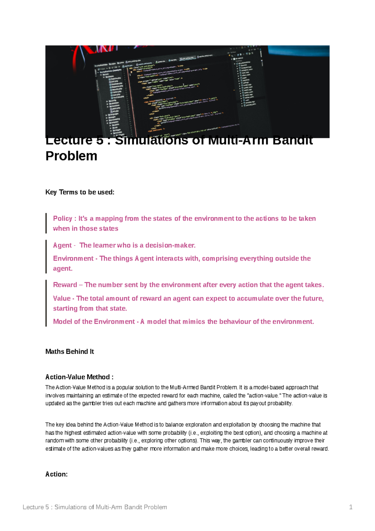 Lecture 5 - Lecture 5 : Simulations of Multi-Arm Bandit Problem Key ...