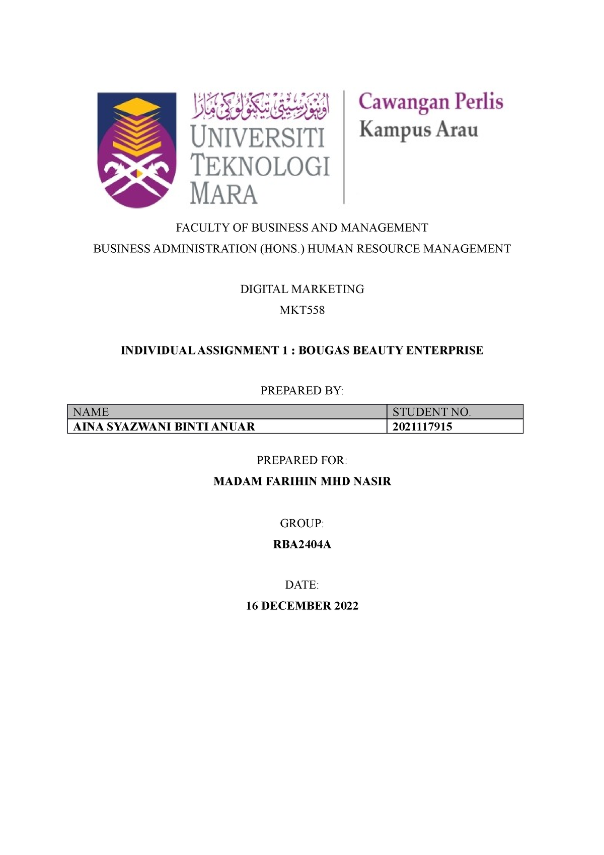 MKT558 Individual Assignment Report - FACULTY OF BUSINESS AND ...