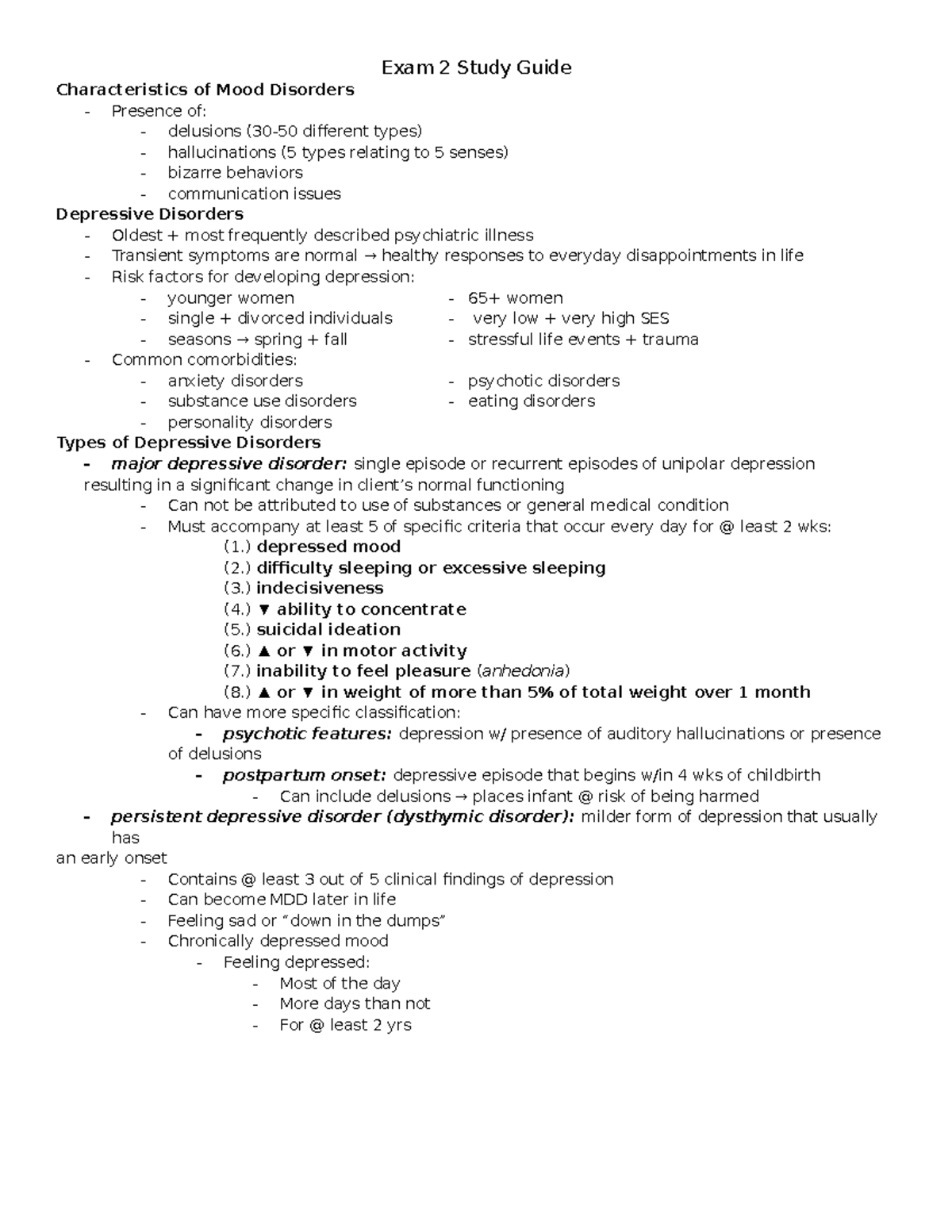 N342 - Exam 2 Studyguide - Exam 2 Study Guide Characteristics of Mood ...