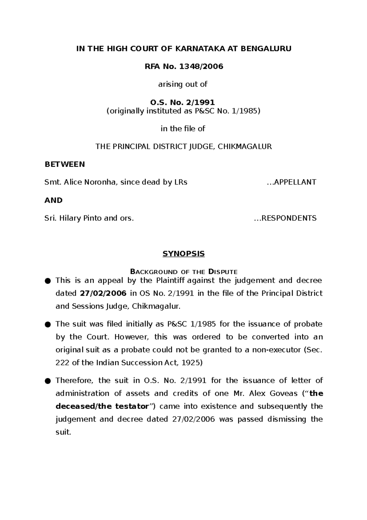 Synopsis IN THE HIGH COURT OF KARNATAKA AT BENGALURU RFA No 1348