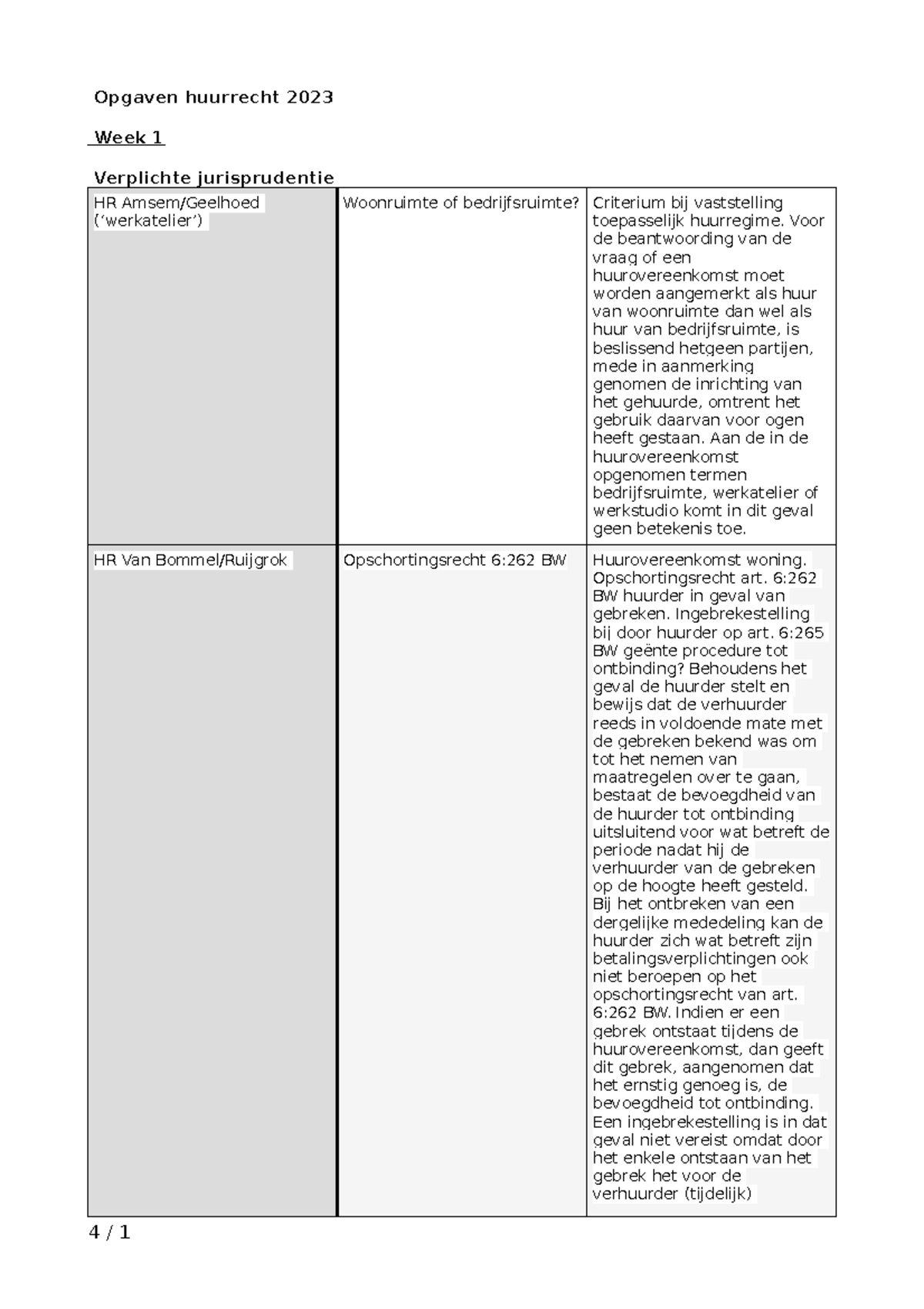 Opgaven Huurrecht 2023 Week 1 - Opgaven Huurrecht 2023 Week 1 ...